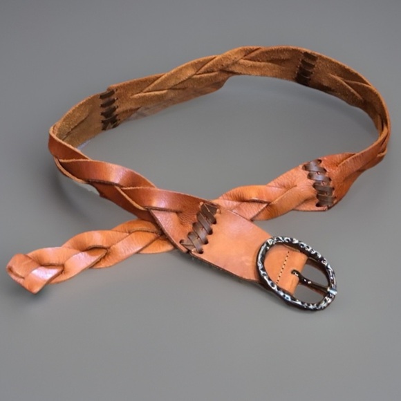 Vintage Bohemian Hippy Distressed Cognac Brown Woven Braided Leather Bel… main image 4